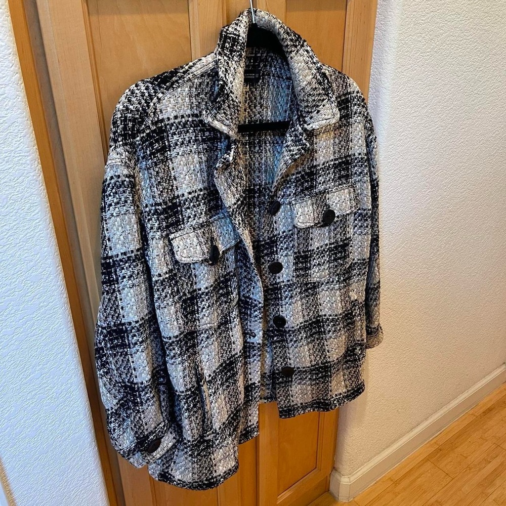 Women’s Zara Textured Plaid Black and White Overshirt Jacket Size XS Extra Small - Picture 3 of 8